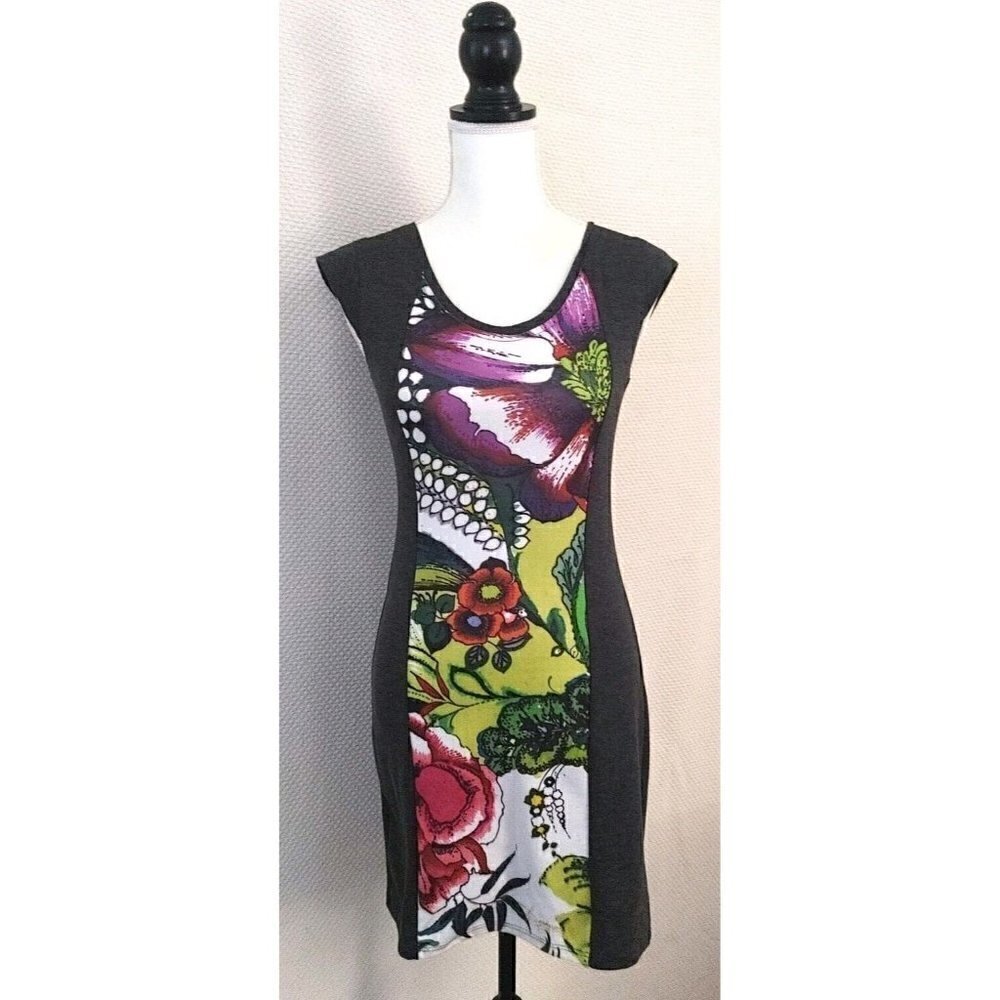 Desigual A-Line Shift Dress Gray with Multi-Color Floral Print Design Size XS - Picture 2 of 8